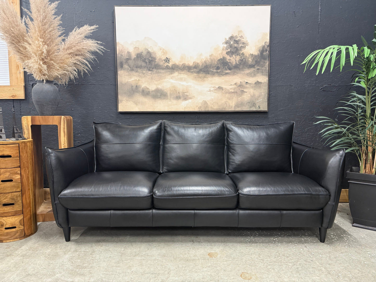Italian 100% Black Full Grain Leather Sofa
