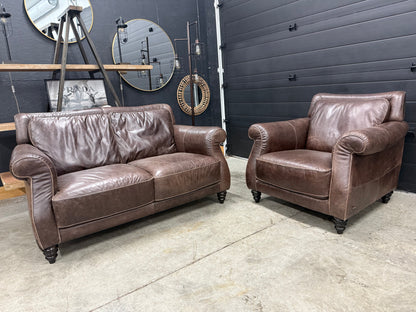 Natuzzi Editions Distressed Genuine Leather Love Seat & Chair