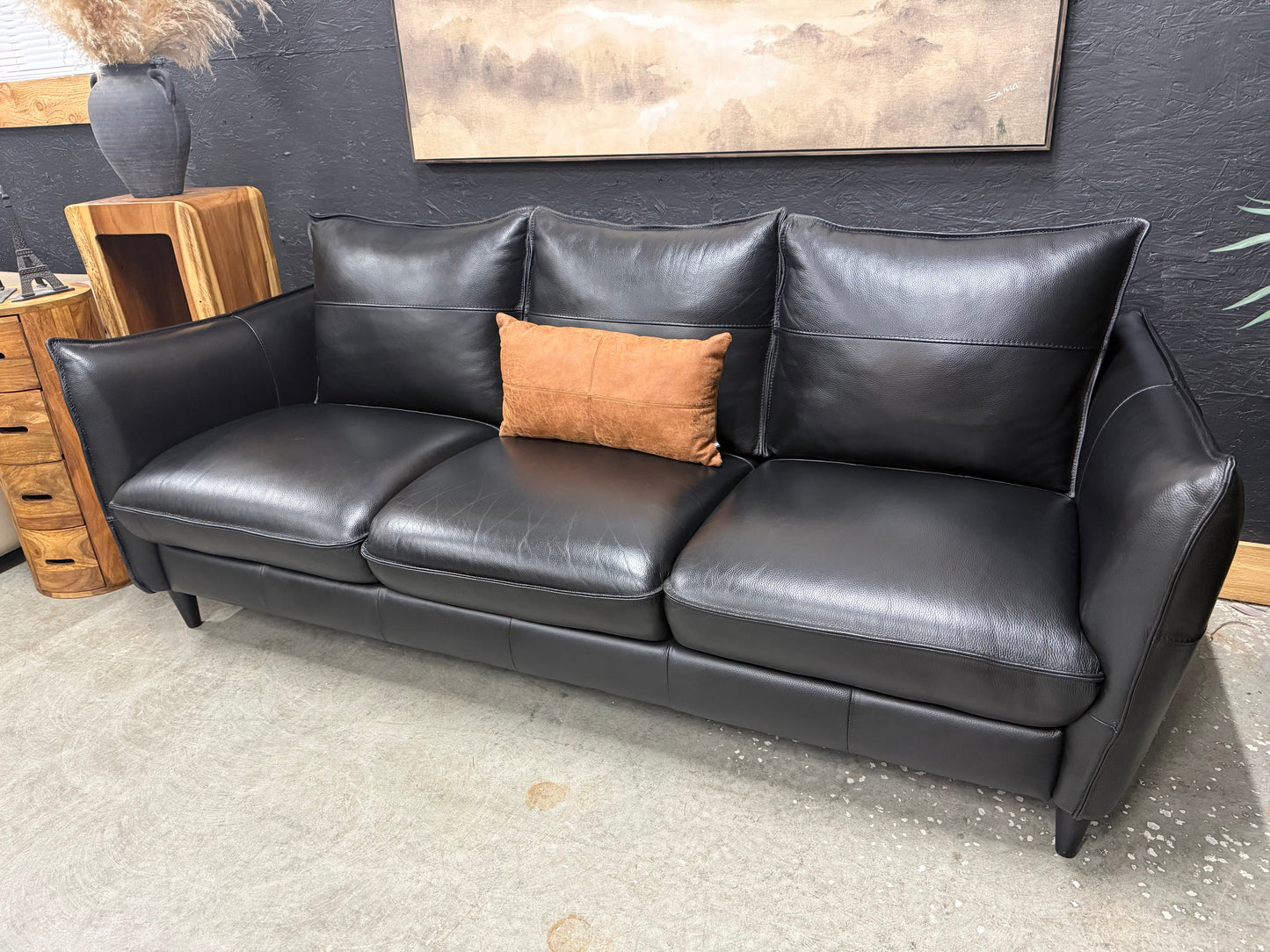 Italian 100% Black Full Grain Leather Sofa