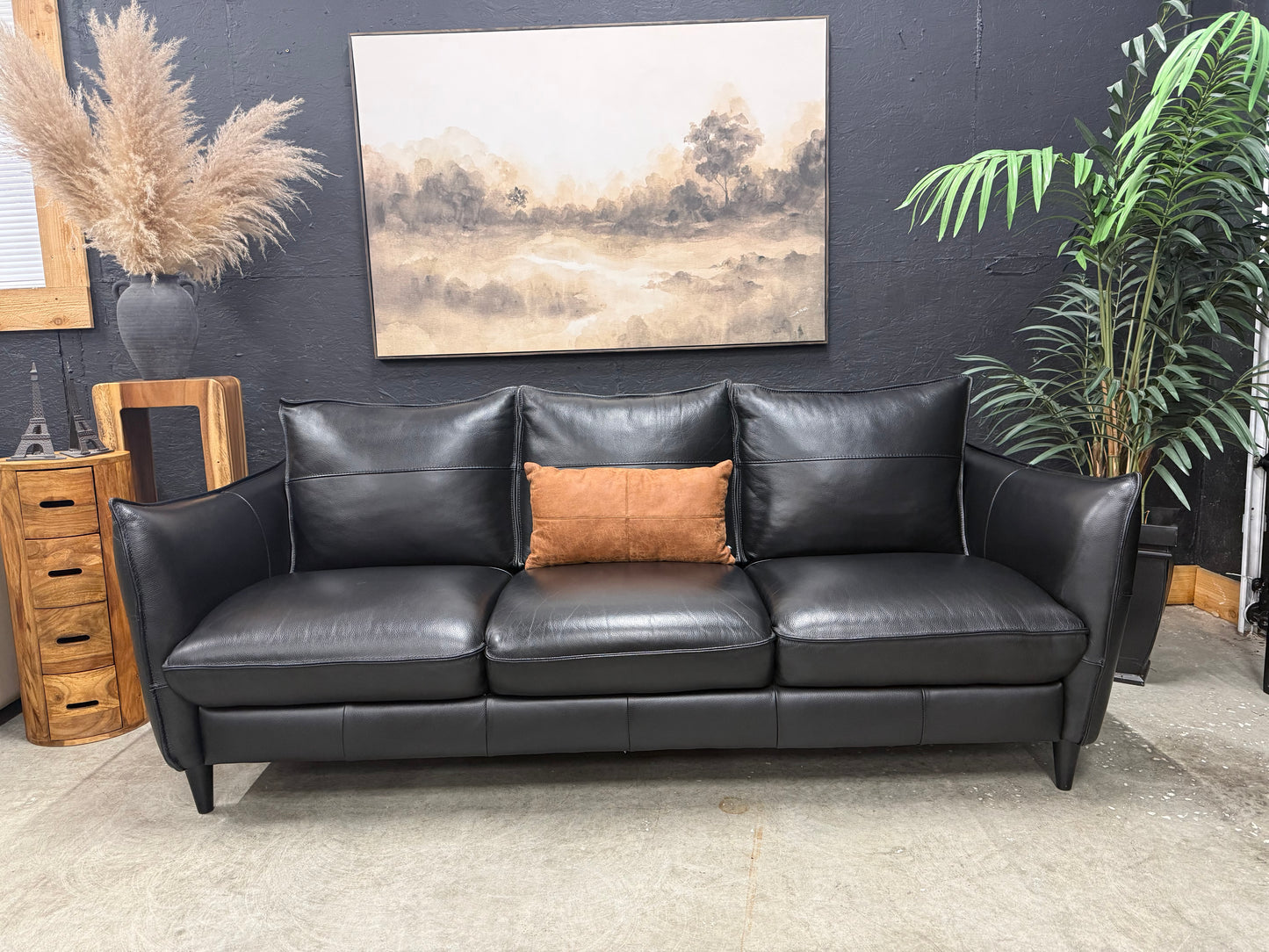 Italian 100% Black Full Grain Leather Sofa
