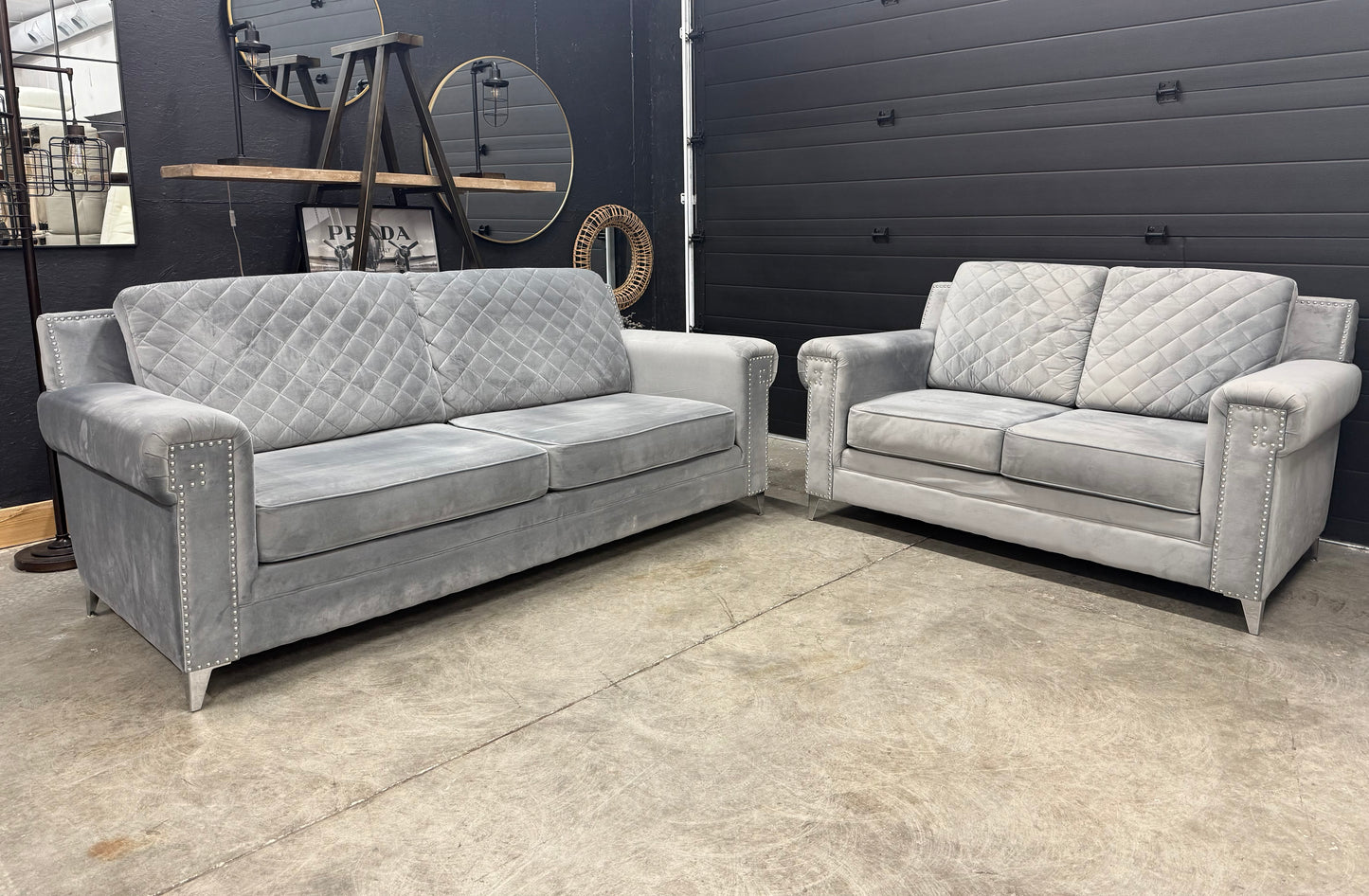 Luxurious Velvet Grey Sofa Set