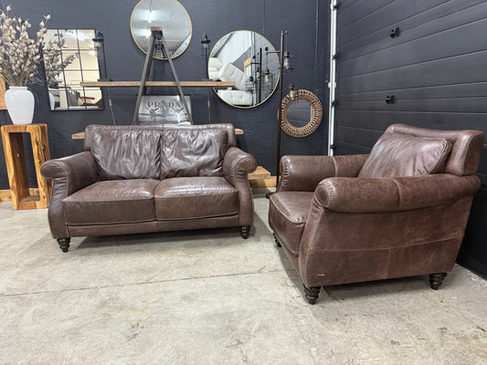 Natuzzi Editions Distressed Genuine Leather Love Seat & Chair